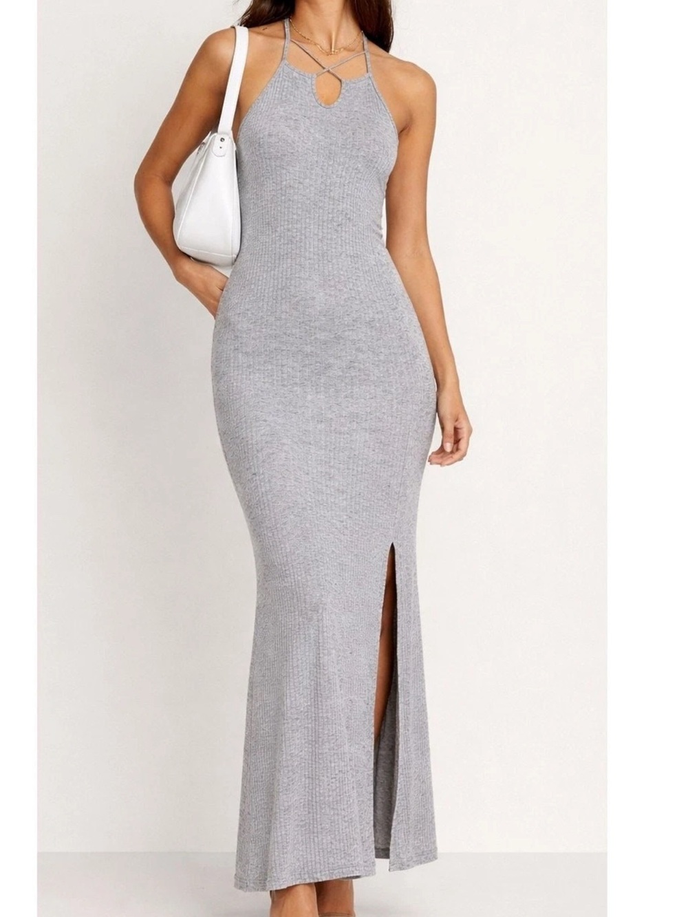 American Eagle Ribbed Maxi Dress L Long Gray Minimal Coastal Soft Stretch   AA21